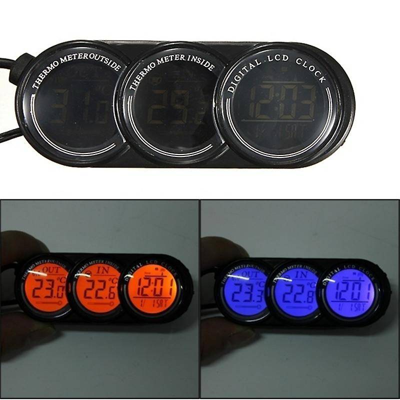 12v-24v Auto Car Lcd Digital Inside Outside Clock Thermometer Gauge
