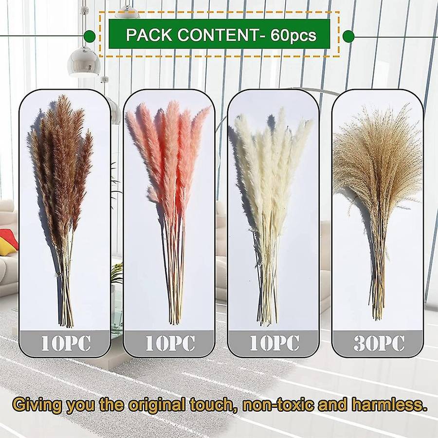 60pcs Natural Dried Pampas Grass Ornament,for Home Boho Wedding Party