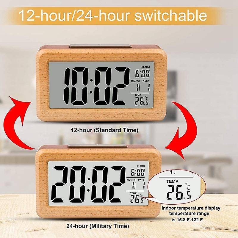 Wooden Large Led Digital Alarm Clock, with Snooze, 12/24hr Switchable