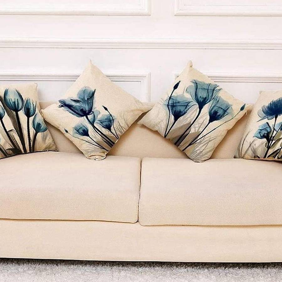 Decorative Blue Flower Linen Square Pillow Cases for Living Room