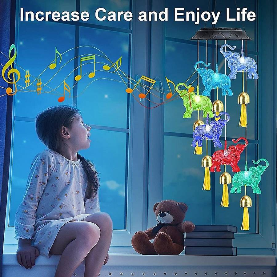 Solar Elephant Wind Chimes,hanging Light with Bells,for Garden Lawn