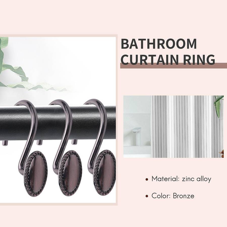 12pcs Metal Shower Curtain Hooks, Oil-rubbed Rustproof for Bathroom
