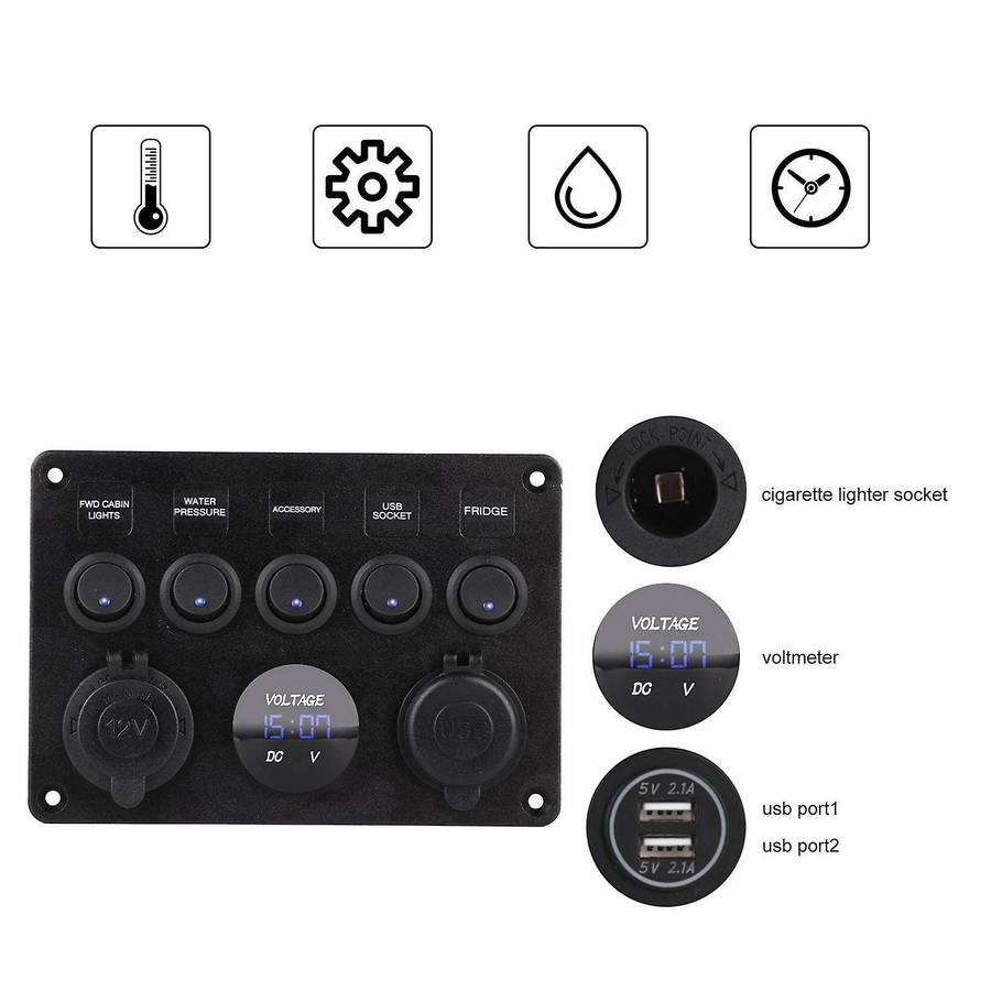 5 Gang 12V/24V Inline-Fuse Box LED Switch Panel USB Car Boat Truck