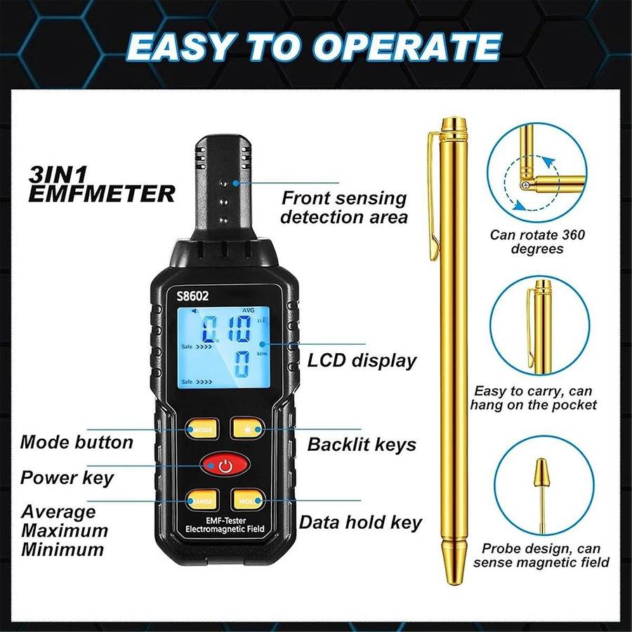 5-Piece Ghosthunting Equipment Kit 1 EMF Radiation Detector 2 LED Cat Balls 2 Copper Track Poles