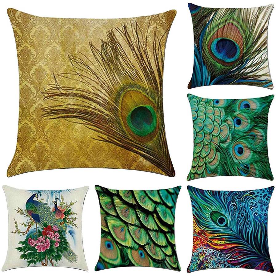 6 Pcs Feather Pattern Pillowcase Linen Pillow Cover Home Decor Square Cushion Cover Printing Pillow