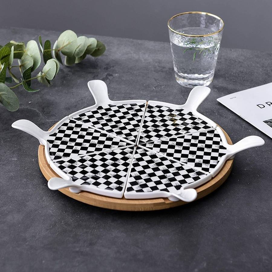 6 PCS Luxury Ceramic Pizza Tray with Rotating Base Household Round Cake Dessert Flat Plate Hotel Tab