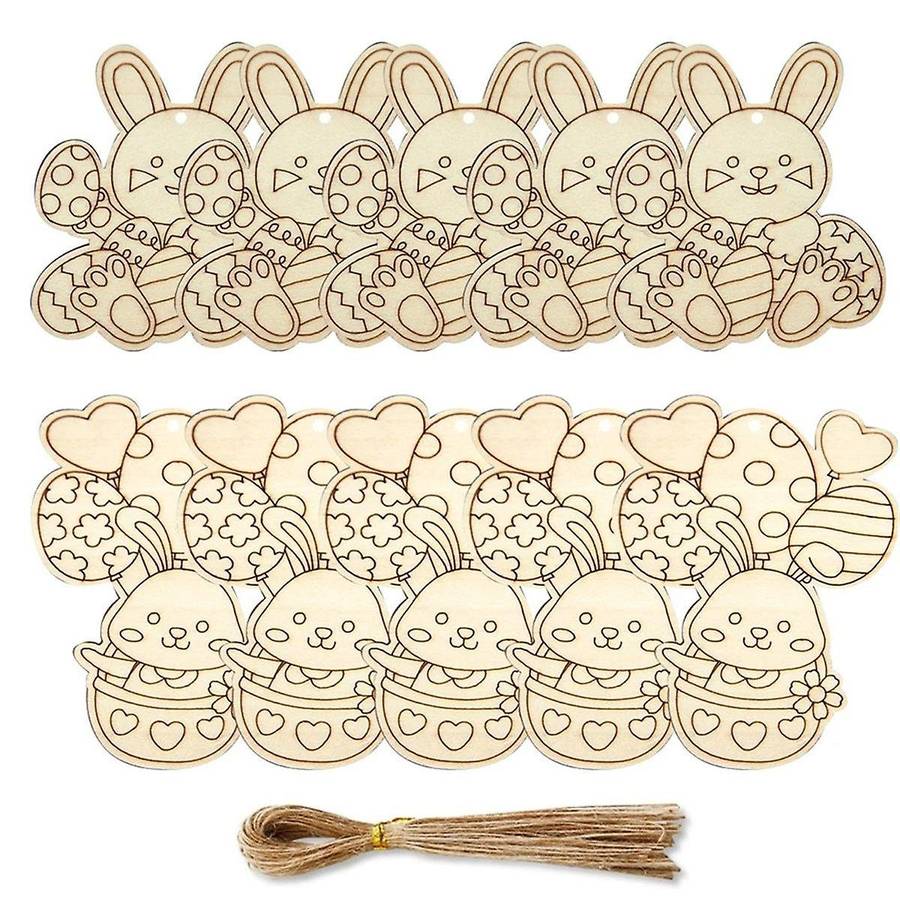60PCS Wooden Rabbit Pendants Easter Egg Hanging Ornament for Happy Easter Home Party Decoration Kids