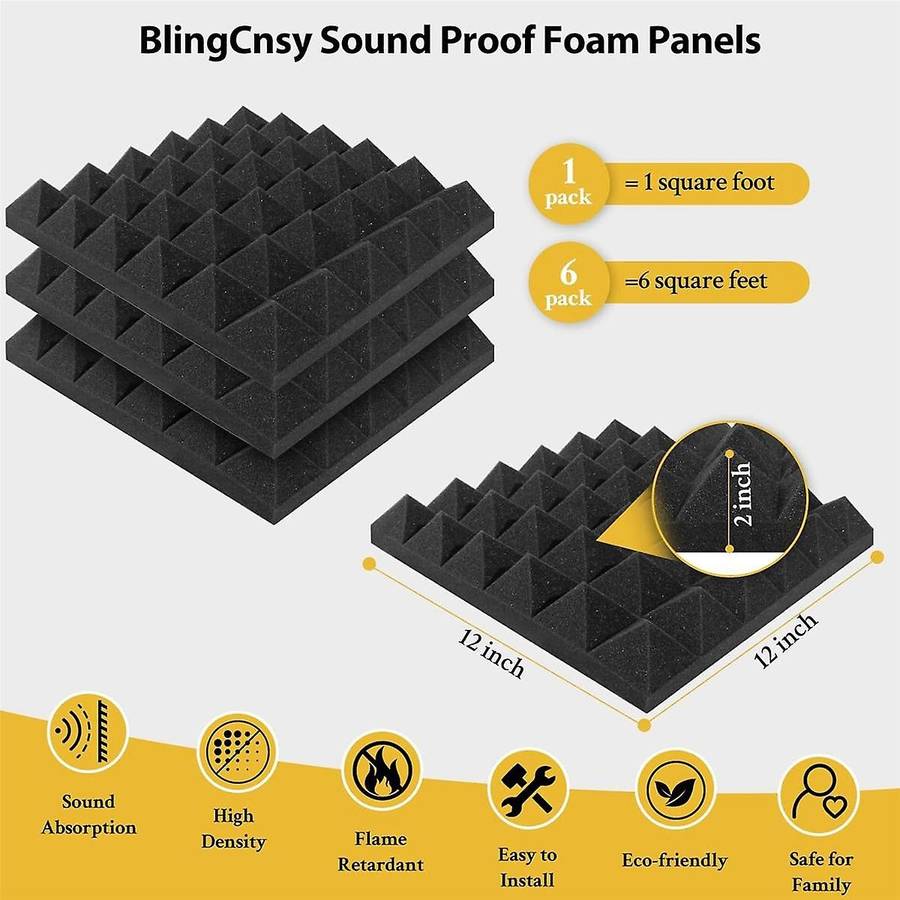 6pack Self Adhesive Soundproof Wall Panels 2x12x12inch Sound Proof Foam Panels for Wall,for Home,re