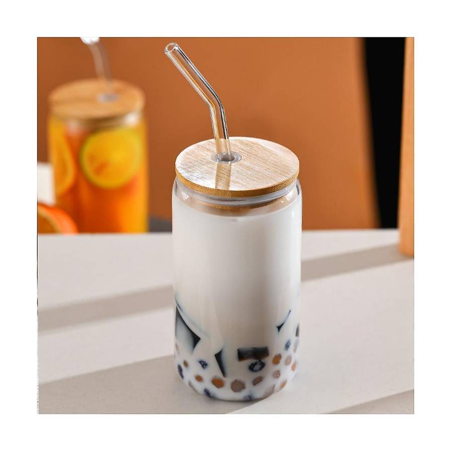 6pcs Set Drinking Glasses with 6 Bamboo Lids and 6 Glass Straws, 16oz Can Shaped Glass Cup, Clear I