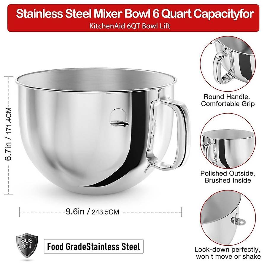 6QT Stainless Steel Mixer Bowl for Stand Mixers, Kitchen Aid Mixing Bowl for 6QT Tilt-Head Mixer wit