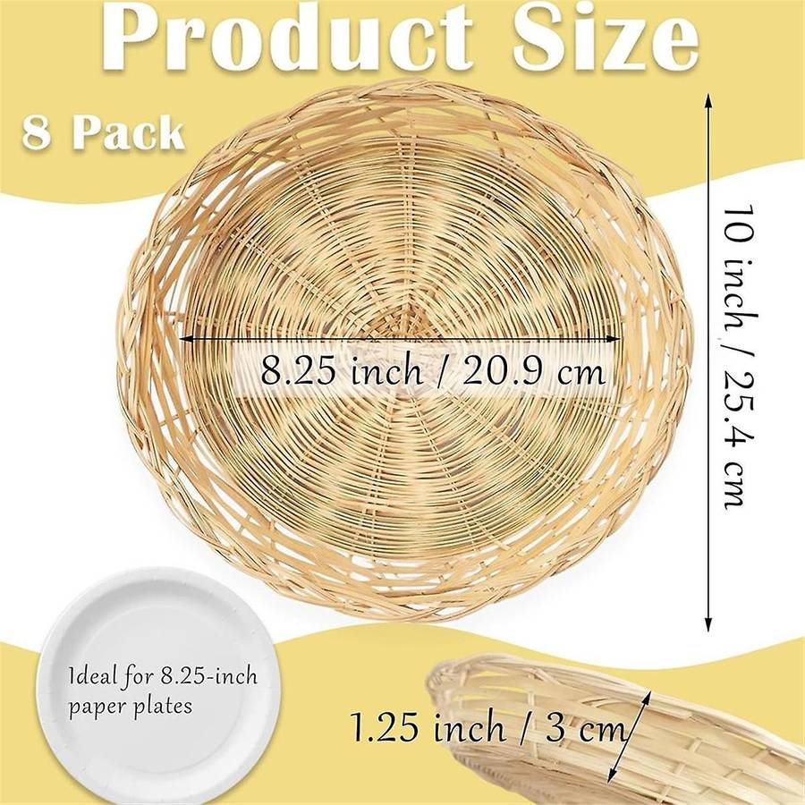 8 Pack Bamboo Paper Plate Holders, 10 Inches Reusable for Dinner Plates Hand Woven Wicker Paper Plat