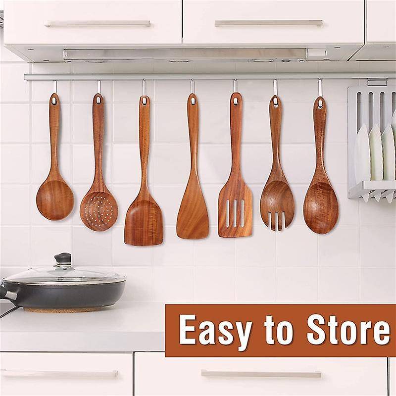 9 Pcs Wooden Spoons for Cooking, Wooden Utensils for Cooking with Utensils Holder, Teak Wooden Kitc