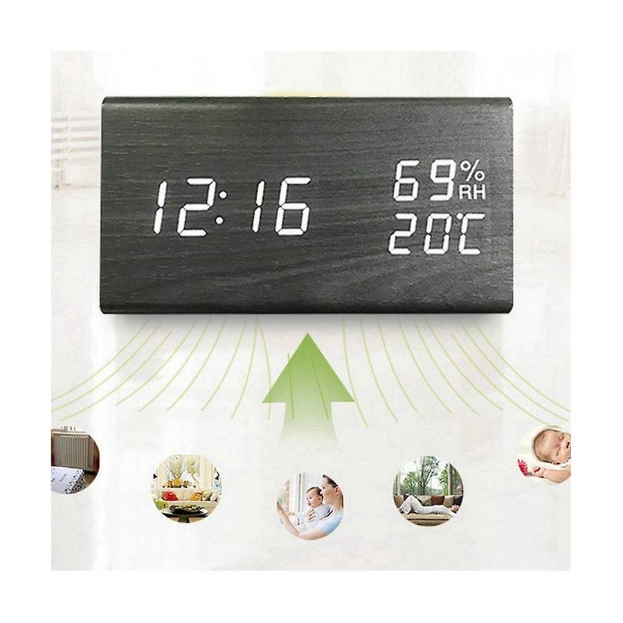 Alarm Clock Digital Wood, Led Table Clock with Humidity and Temperature Display Usb Power Connectio