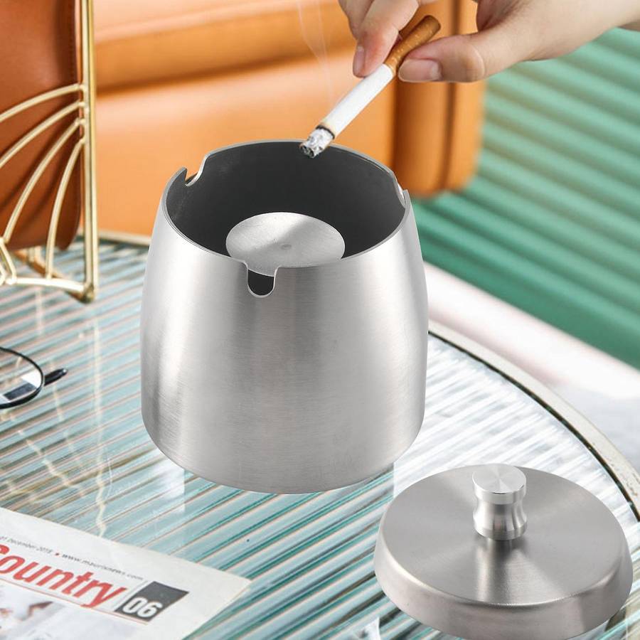 Ashtray Stainless Steel with Lid Heavy Ashtray Storm-Wind Non-Slip Base for Outside and Inside Silve