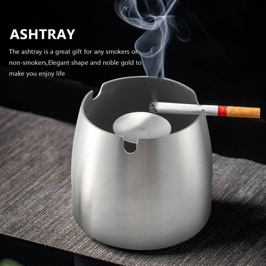 Ashtray Stainless Steel with Lid Heavy Ashtray Storm-Wind Non-Slip Base for Outside and Inside Silve
