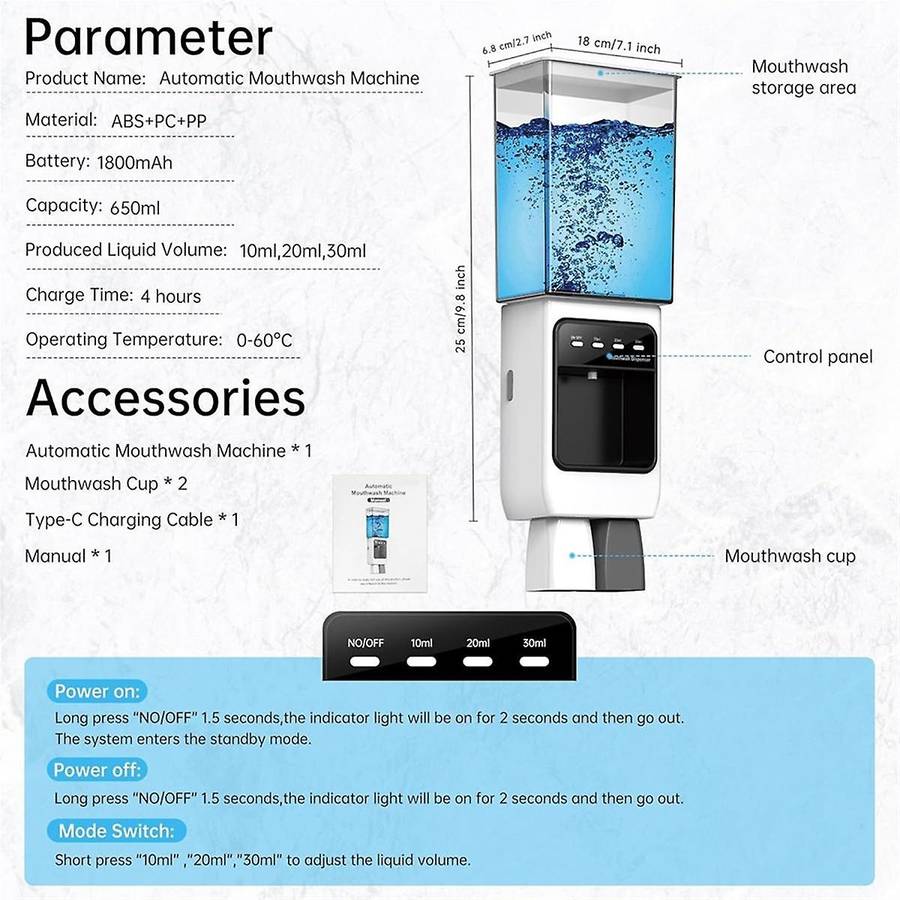 Automatic Mouthwash Dispenser for Bathroom,Dispenser with Cups Can Hold 650ml, 10/20/30ml Electric M