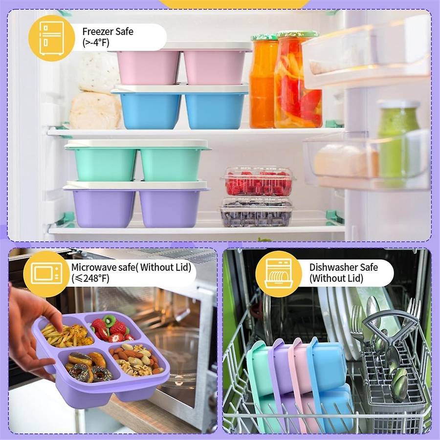 Meal Prep Containers (4 Pack), 4-Compartments Bento Lunch Box, Reusable Food Prep Containers
