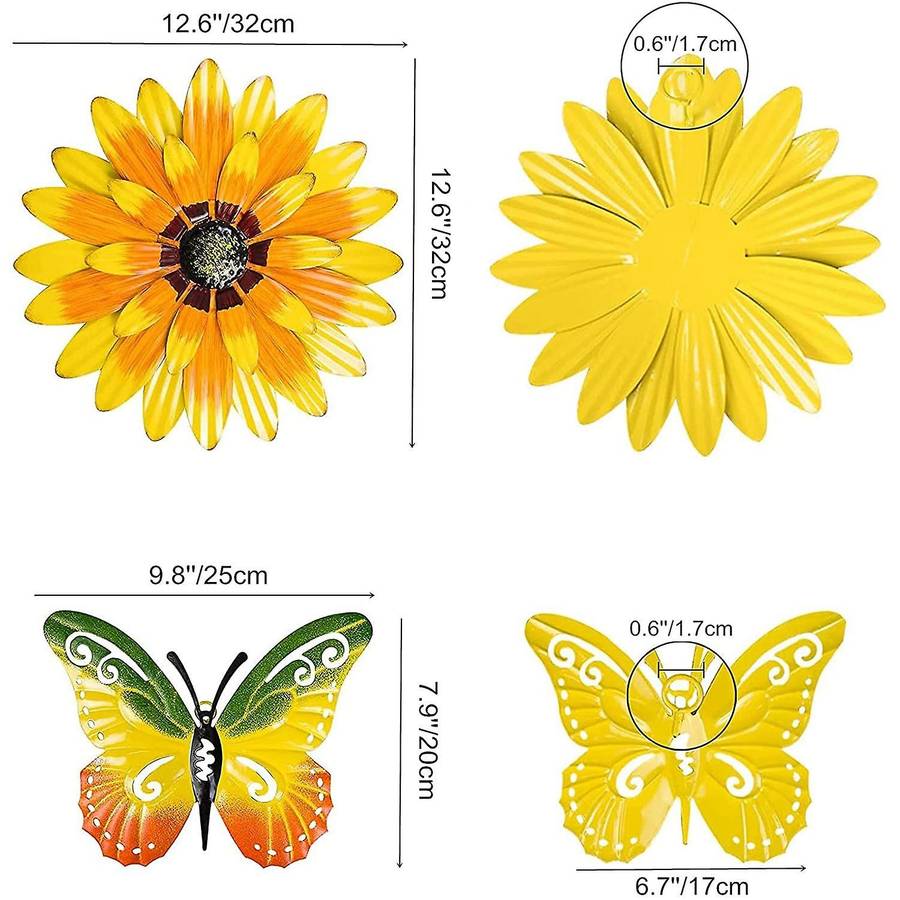 Metal Flowers Outdoor Wall Decor, 4PCS Flower & Butterfly Wall Art Decor, Wall Sculptures for Garden