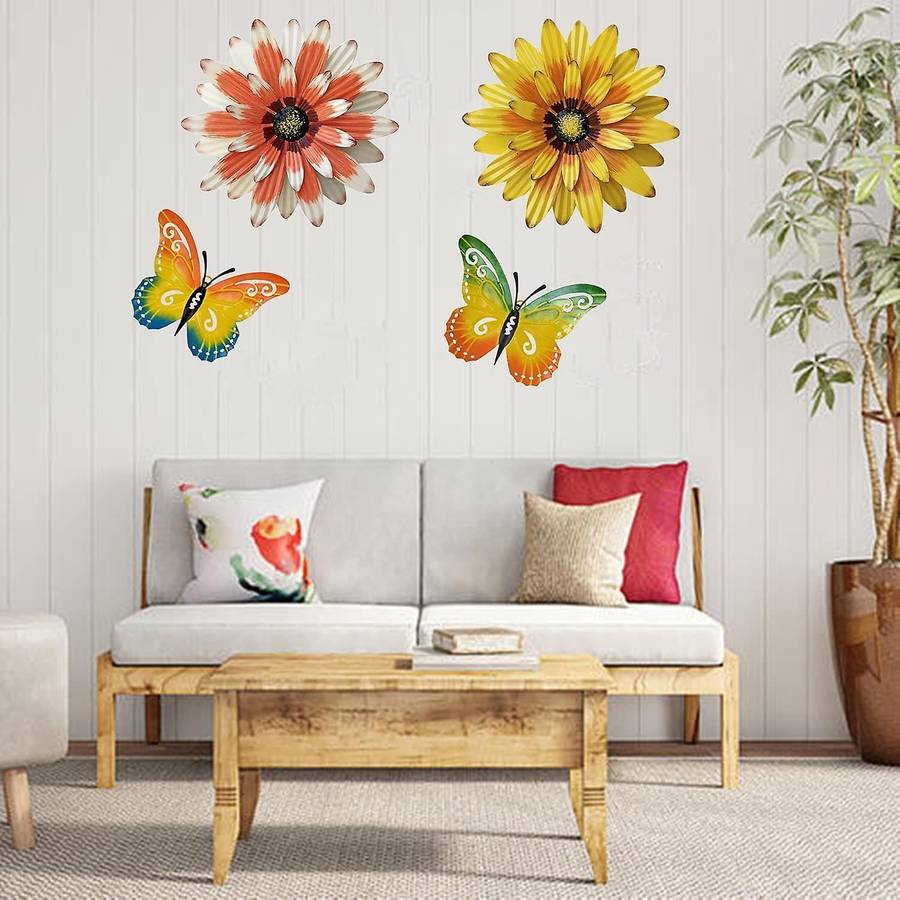 Metal Flowers Outdoor Wall Decor, 4PCS Flower & Butterfly Wall Art Decor, Wall Sculptures for Garden