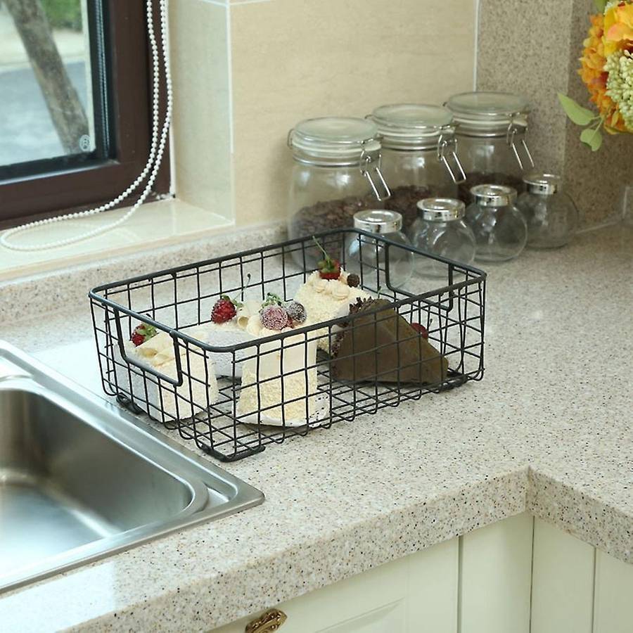 Metal Wire Storage Basket with Handle Wrought Iron Sundries Container Kitchen Black