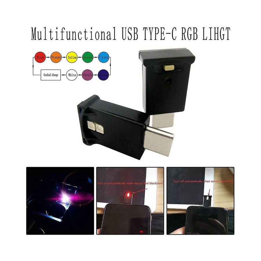 Mini USB-C LED RGB Light Brightness Adjustable 8 Color Changeable for Car, Laptops, Keyboard Atmosph