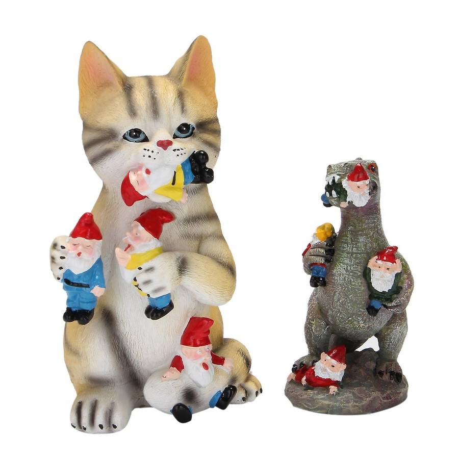 Mischievous Cat Dinosaur Garden Eating Gnome Statue Resin Figurine Best Art Decor for Indoor Outdoor
