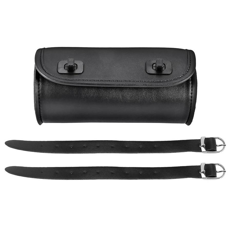 Motorcycle Fork Bag PU Leather Handlebar Tool Pouch Sissy Bar Roll Storage Bag Saddle Bag with 2 Str