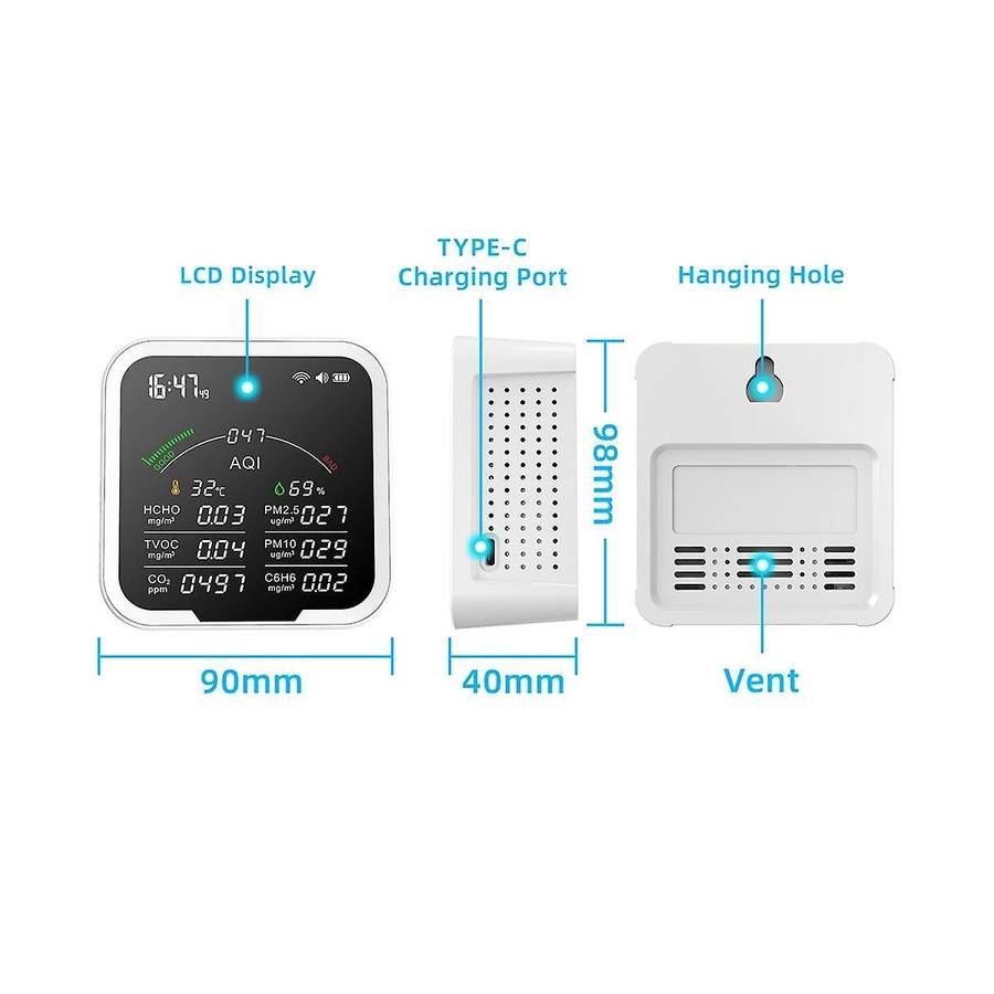 Multi-function Air Quality Monitor ,thermohygrometer, Clock Alarm and Gas Detector Of Pm2.5,pm10,hc
