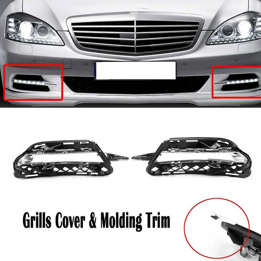 Pair Fog Light Mesh Grills Cover & Molding Trim Chrome for - S-Class W221 2009-2013