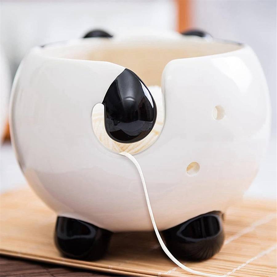 Panda Shape Yarn Bowl, Knitting Wool Storage Basket Round with Holes, Ceramic Glossy Surface Exquisi