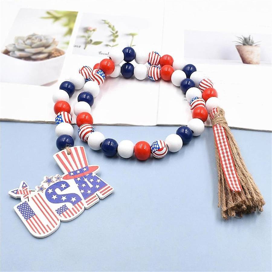 Patriotic Wooden Beads Garland, Stars Bead String Jutes Rope Decor Red White and Blue Garland for H