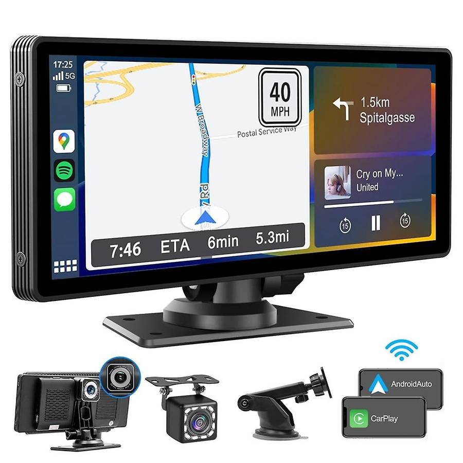 Portable Wireless Carplay Car Stereo with Dash Cam - 10.26In HD IPS Screen, Android Auto, 1080P Back