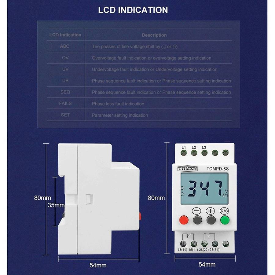 3 Phase Din Rail Adjustable Under Over Voltage Protector