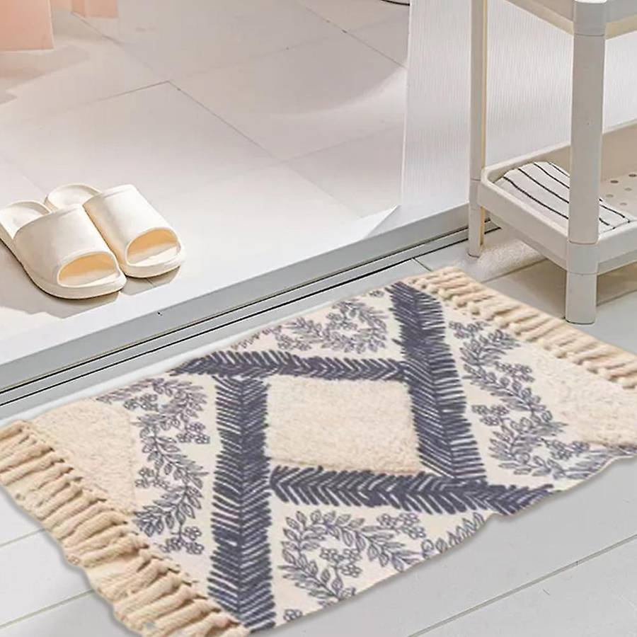 Morocco Printed Carpet Retro Tassels with Rug Bath Doormat(grey)