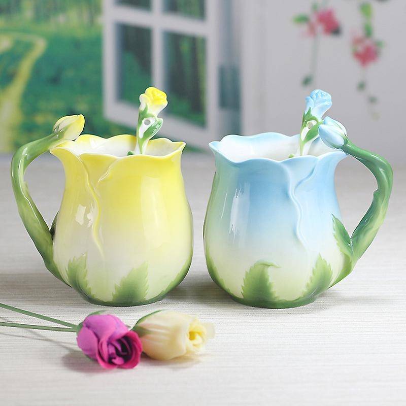 Ceramic Rose Flower Shape Teacups Breakfast Cups with Spoon-yellow