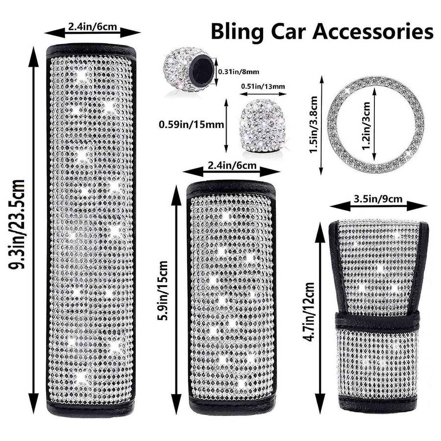 Bling Car Accessories Set, Seat Belt Covers, Rhinestones Gear Shift Cover,Handbrake Cover,Engine Sti