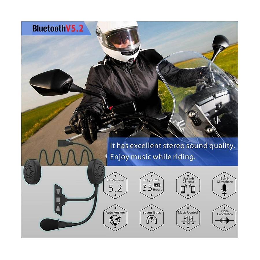 Bluetooth 5.2 Motorcycle Helmet Headset Wireless Handsfree Stereo Music Player Headphone Noise Redu