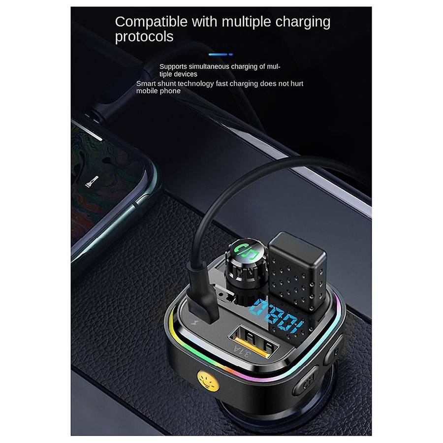 Bluetooth 5.0 FM Transmitter Car Radio Modulator MP3 Player with Colorful Atmosphere Breathing Light