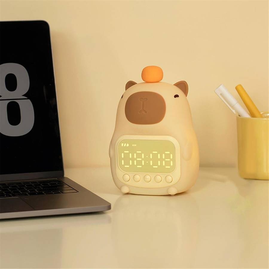 Capybara Night Light with Digital Clock, Silicone Animal Night Light Rechargeable Tabletop Decorati