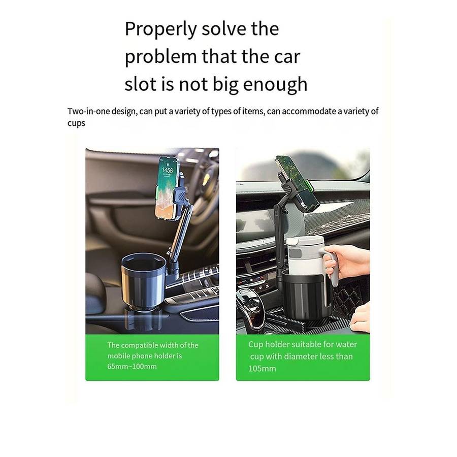 Car Cup Holder with Phone Mount, 2 In 1 Adjustable Cup Holder Expander with 360 Rotation Cellphone