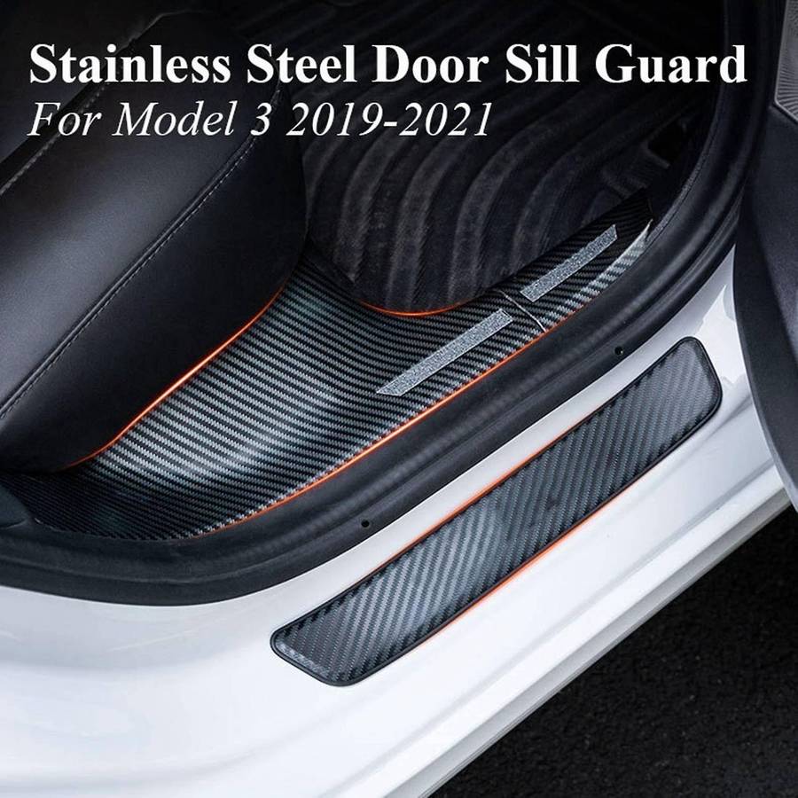 Car Door Sill Protector Stainless Steel Door Sill Guard Welcome Pedal for Model 3 2019-2021, Carbon