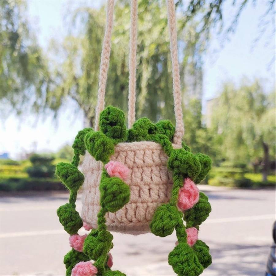 Rearview Mirror Pendant Cute Potted Plants Crochet Car Mirror Hand Knitted Plant Hanging Ornaments C