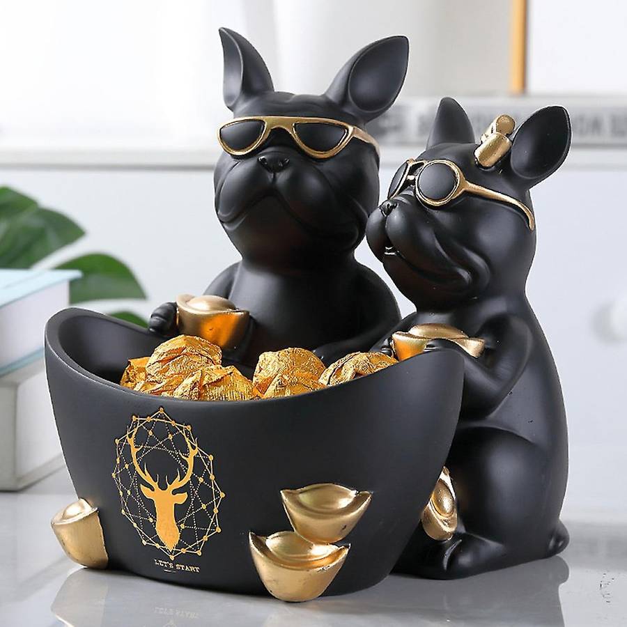 Resin Bulldog Dog Statue Animal Sculpture Storage Decoration Room Decor Housewarming Gift(Black)