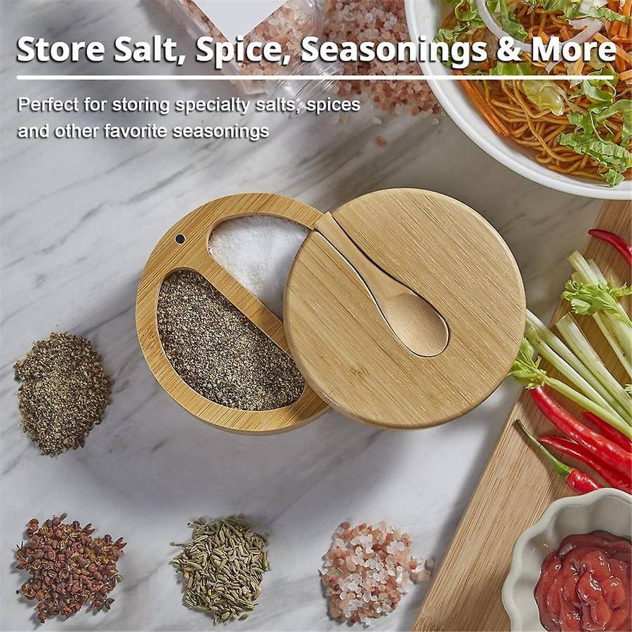 Seasoning Box with Swivel Lid Bamboo Salt Cellar with Lid and Spoon, 2-compartment Salt Pepper Bowl
