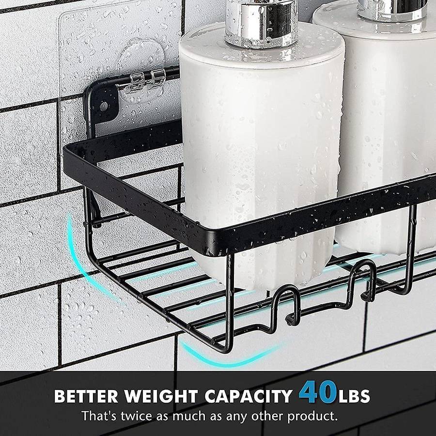 Shower Shelf Organizer (2Pack) with 2 Soap Dishes, Adhesive Black Bathroom Basket Shelves with Hooks