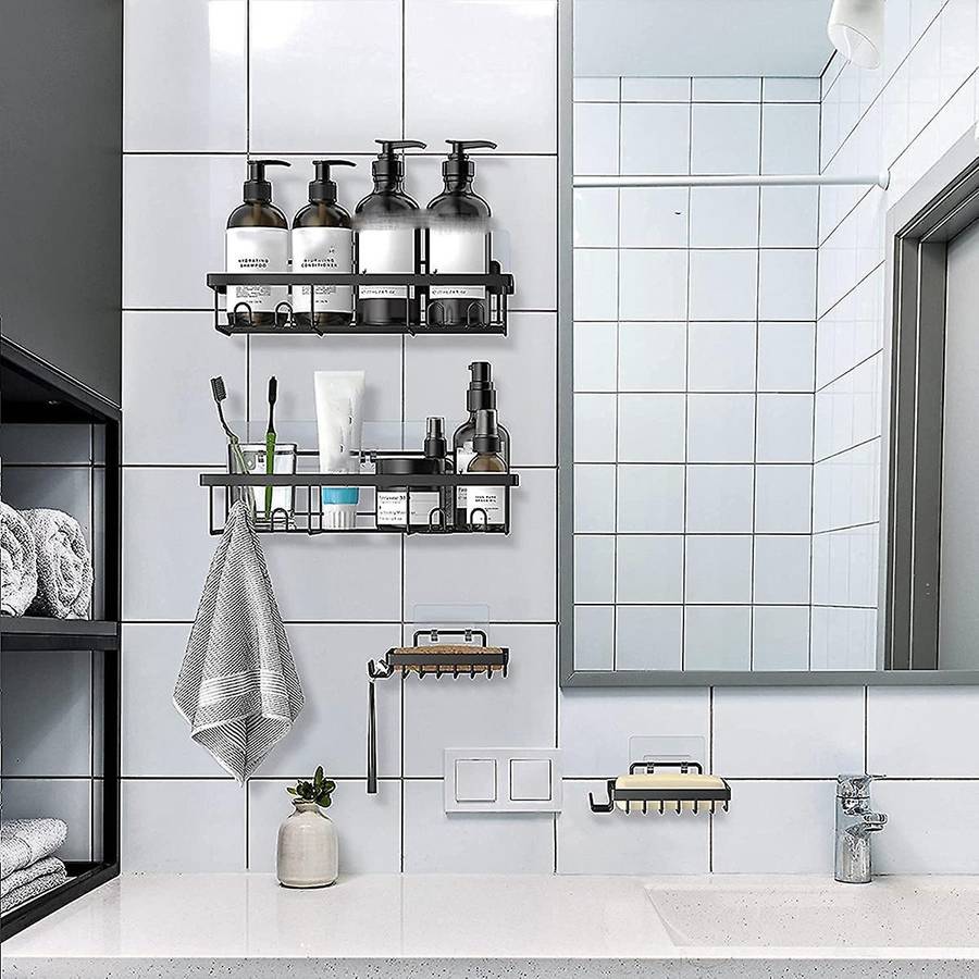 Shower Shelf Organizer (2Pack) with 2 Soap Dishes, Adhesive Black Bathroom Basket Shelves with Hooks