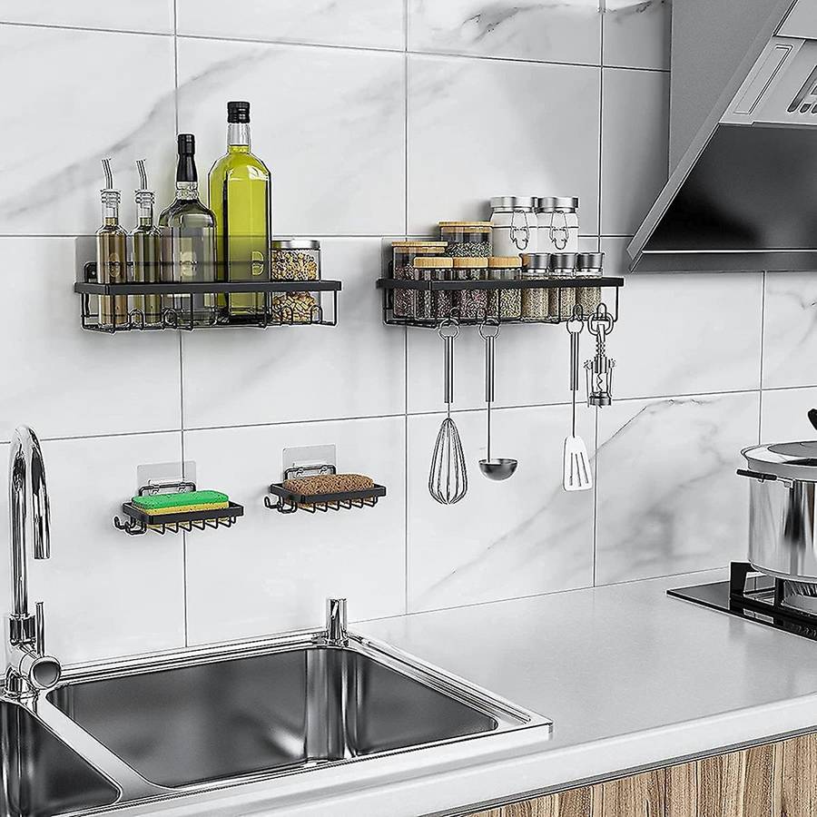 Shower Shelf Organizer (2Pack) with 2 Soap Dishes, Adhesive Black Bathroom Basket Shelves with Hooks