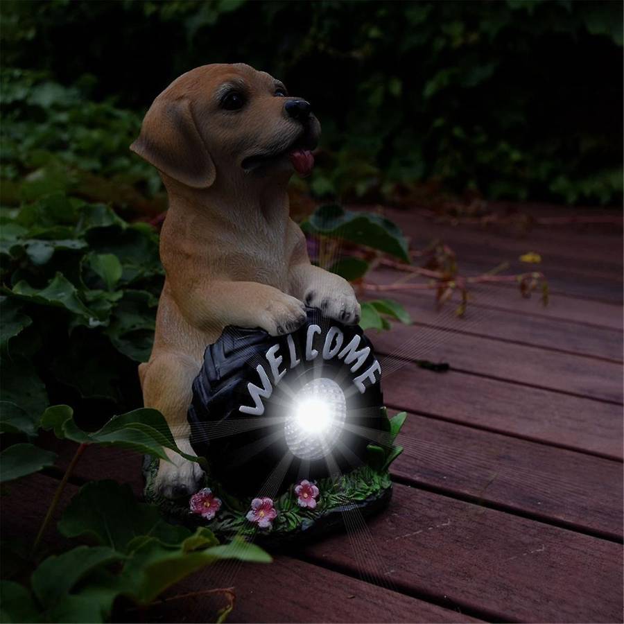 Solar Garden Dog Statue Welcome Sign with Led Lights Resin Solar Powered Puppy Figurine Decorative S