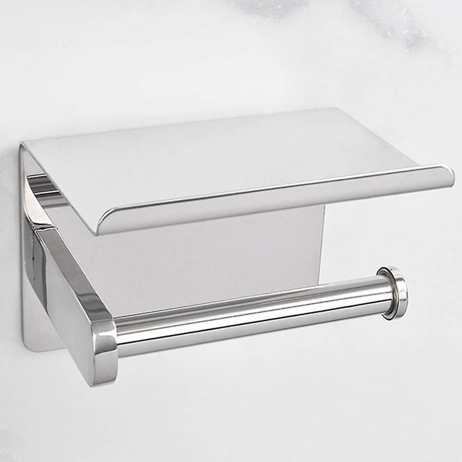 Stainless Steel Wall Mounted Paper Holder Bathroom Self-Adhesive Tissue Rack with Mobile Phone Hold