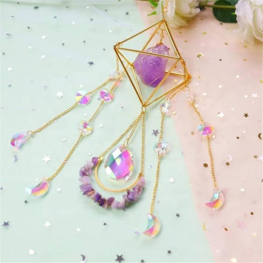 Suncatcher Crystal Boho Decor, Purple Gemstone Sun Catcher Hanging for Windows, Housewarming Spiritu